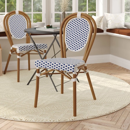 Flash Furniture Lourdes Thonet French Bistro Stacking Chair, White and Navy PE Rattan and Bamboo Print Alum Frame SDA-AD642002S-WHNVY-NAT-GG